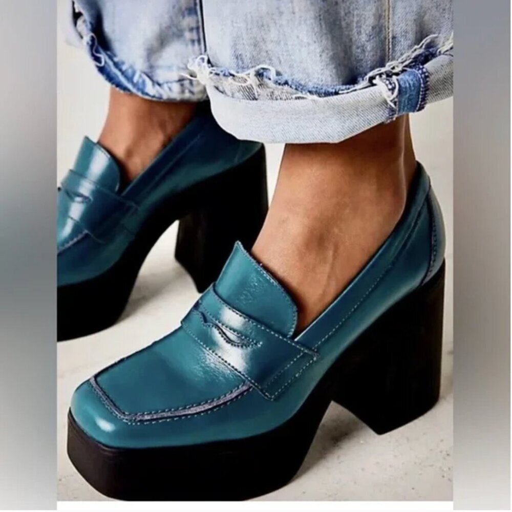 Free People Zoe Platform Loafer High Heels Shoes Leather Jade Green Size 8 / 39
